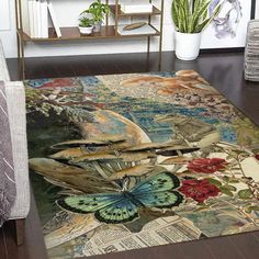 a living room area with a butterfly rug on the floor