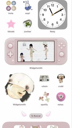 a pink nintendo wii game system with pictures on the front and back side, all in different colors