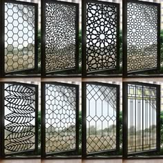 four different views of an open window with decorative designs on the glass and in front