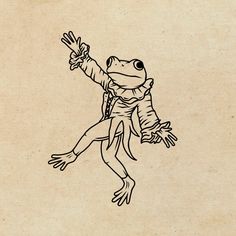 a drawing of a frog with its arms out in the air while holding onto someone's hand