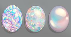 three different types of opalite stones on a gray background, one is white and the other is pink