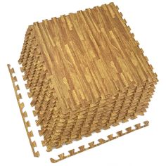 several pieces of wood are arranged in the shape of a puzzle board on a white background