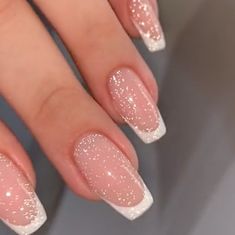 Pretty Elegant Acrylic Nails, Nails For Sequin Dress, Wedding Nails With Design, Cute Short Squoval Nails, French Nail Designs Glitter, Nails For A Purple Dress, Nail Ideas With Diamonds, Squoval French Tip Nails Short, Prom Nails Acrylic Square