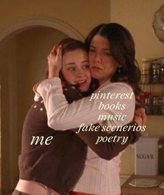 two women hugging each other in front of a kitchen counter with the words, pinterest books music take beneroos poetry