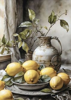 a painting of lemons on a plate with a pitcher and window in the background