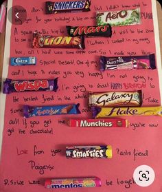 a pink bulletin board with candy bars on it and writing in the middle that says, i love you so much