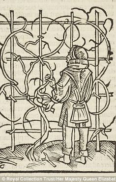 a drawing of a man standing in front of a window with an ironwork design on it