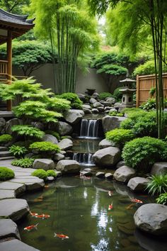 a small pond surrounded by rocks and trees