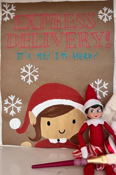 an elf is sitting next to a sign that says express delivery it's me, there