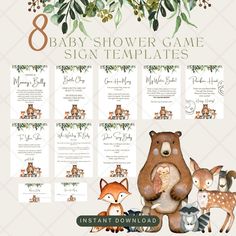 the 8 baby shower game sign templates are shown