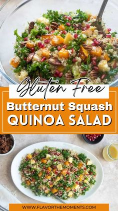 a salad with butternut squash, quinoa and kale is shown in this image