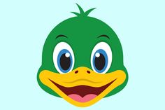 a green bird with big blue eyes and a yellow beak on it's head