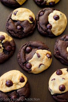 several chocolate chip cookies with one cookie in the middle and two on the other side