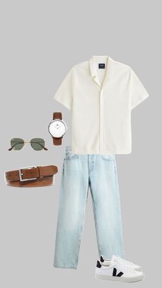 a man's outfit with sunglasses, watch and shoes