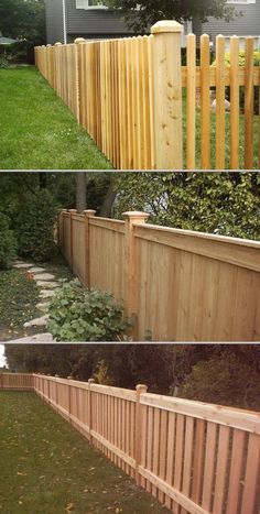 two pictures of a wooden fence and some bushes