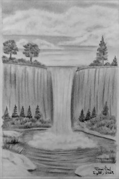 a drawing of a waterfall with trees in the background