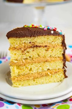 a slice of cake with chocolate frosting and sprinkles on a plate