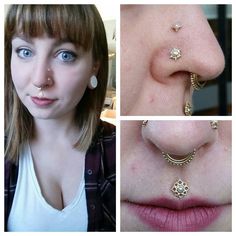 three pictures of different types of piercings on women's nose and neck, including an ear ring