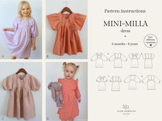 ✄ Digital Sewing pattern  Mini-Milla Digital PDF sewing pattern for kids, sizes 6 months to 8 years. An effortlessly fitting dress available in four versatile styles, all featuring a gathered  skirt at the empire waist and a button-up back. The bodice is designed with two layers  for easy assembly. Choose from options with long puffy sleeves or short sleeves to suit your style. 🌸 Mini-Milla PDF sewing pattern comes with four versatile styles. 🌸 This is downloadable PDF pattern. Please note you will not receive a physical pattern, you will receive a zip file download. This is instant 24/7 download. When you purchase the item you will find the PDF pattern in your Etsy Purchases and reviews. 🌸 Check the fabric usage information in the images. 🌸 Pattern is available in 3 print sizes: A4 (p Kids Sewing Pattern, Patterns For Kids, Sewing Terms, Kids Sewing, Clear Tape, Small Clothes, Sewing Patterns For Kids, Fitting Dress, Print Layout