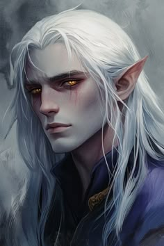 the white haired elf with yellow eyes is staring at something in the distance behind him