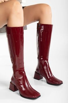 Red Knee Boots, Dark Red Knee High Boots, Trendy Red Knee-high Boots With Round Toe, Burgundy Knee-high Winter Boots, Trendy Red Knee-high Boots, Burgundy Leather Knee-high Boots, Burgundy Boots, Patent Boots, Red Boots