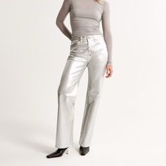 Relaxed Jeans In A Silver Finish With A Clean Hem. This Fit Features A 10.5” High Rise, Is Fitted At The Waist And Hips, And Eases At The Thigh Into A Relaxed, Full-Length Leg Shape. This Jean Is Made From Vintage Stretch Fabric Which Features Both An Authentic Vintage Look And Contains Slight Built-In Stretch For Additional Comfort. Brand New With Tags! Make An Offer And Thanks For Looking! High Rise 90s Relaxed Jean, Metallic Jeans, Flare Denim Jeans, Leather Pant, Abercrombie And Fitch Jeans, Relaxed Jeans, High Rise Pants, Silver Jeans, Mixing Fabrics