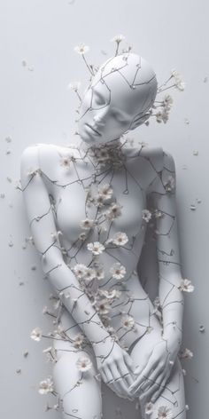 a white mannequin with flowers all over her body