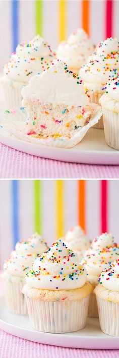 two pictures of cupcakes with white frosting and sprinkles