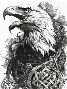 an eagle with celtic designs on it's chest and head is shown in black and white