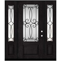 a black double door with frosted glass and wrought iron grills on the side