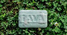 a stone with the word love written on it in front of some green grass and flowers