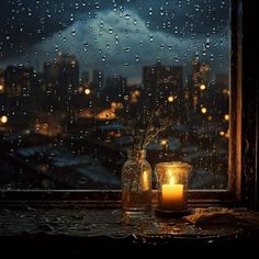 two candles sit on a window sill in the rain