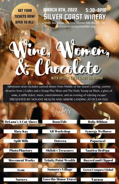 wine, women, and chocolate flyer with people toasting at the end of it