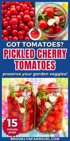 a large mason jars filled to the brim with garlic, rosemary, basil and cherry tomatoes Preserving Cherry Tomatoes, Pickled Cherry Tomatoes Recipe, Fruit In Jars, Pickled Cherry Tomatoes, Canning Fruit Recipes, Preserving Fruit, Canning Tomatoes Recipes, Pickled Vegetables Recipe