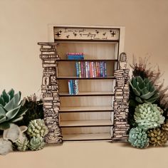 a book shelf with books and succulents next to it