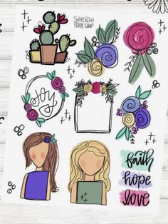 some stickers that have flowers and plants on them with the words faith hope love