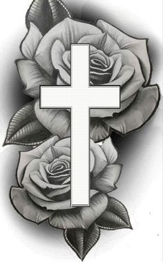 a cross with two roses on it and the word jesus written in black ink is shown