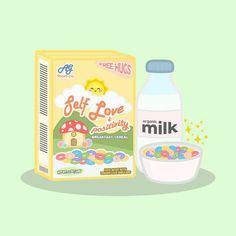 a bottle of milk next to a bowl of cereal and a carton of jelly beans