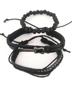 This guitar bracelet set complements your love for music. The all black bracelets are versatile and can be worn with any of your outfits. You can wear the bracelets together as a set or each one separately to create a different everyday. Every set is handmade with care. Product Information *Set comes with 3 bracelets *Material: leather/PU leather *Metals Type: alloy *Clasp Type: sliding knots *Adjustable Length: around 7 - 8.5 inches Black Band Wristband For Concerts, Adjustable Black Punk Wristband, Edgy Black Wristband For Concerts, Edgy Adjustable Black Wristband, Edgy Black Band Bracelets, Casual Black Jewelry With Adjustable Length, Edgy Black Adjustable Wristband, Casual Black Jewelry For Concerts, Adjustable Punk Beaded Bracelets As Gift