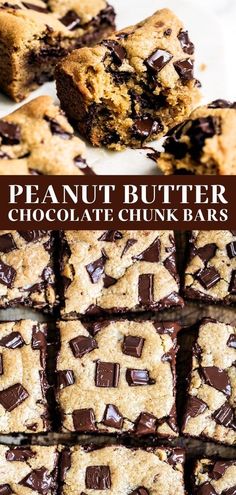 peanut butter chocolate chunk bars cut in half and stacked on top of each other with text overlay