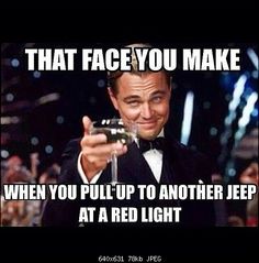 a man in a tuxedo holding a wine glass with the caption that face you make when you pull up to another jeep at a red light