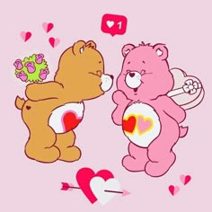 two teddy bears with hearts and an arrow in the shape of a heart on a pink background