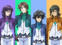 four anime characters standing side by side in front of an orange, green, blue and purple background