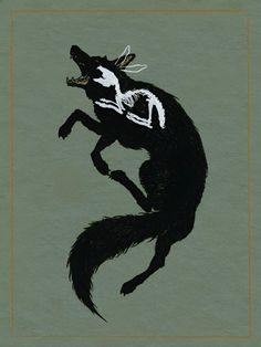 a black and white drawing of a wolf with a skull on its back, in front of a green background