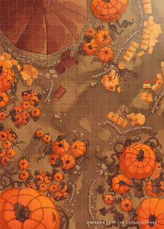 an overhead view of pumpkins and other decorations