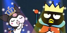 two cartoon characters dressed up as penguins with crowns on their heads, one holding a microphone and the other wearing a crown