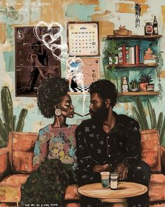 a painting of two people sitting on a couch