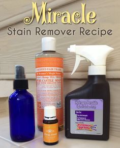 several different types of cleaning products sitting on a counter with the words, miracle stain remover recipe