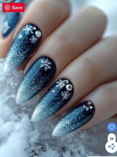 Nails Design2023, Winter Dip Nail Ideas, Dark Blue Christmas Nails, Blue Christmas Nails Winter, Winter Solstice Nails, Winter Glitter Nails, Nailart Winter, Navidad Nails, Sparkle Nail Designs