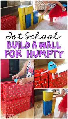 a collage of photos showing how to build a wall for humpty toys